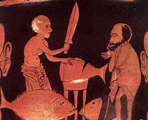 Un vendedor de atunes. Detalle cerámica griega. Museo Mandralisca, Cefalú, Sicília, s.IV a.C.