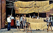 Fabricación de spaguetti en Nápoles (postal de 1900)