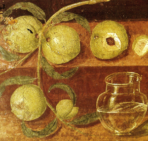 Fresco romano. Melocotones con jarra de agua, 50 d. C. Museo Arqueológico Nacional de Nápoles