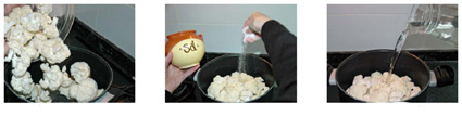 La coliflor a la olla, con sal y agua a calentar